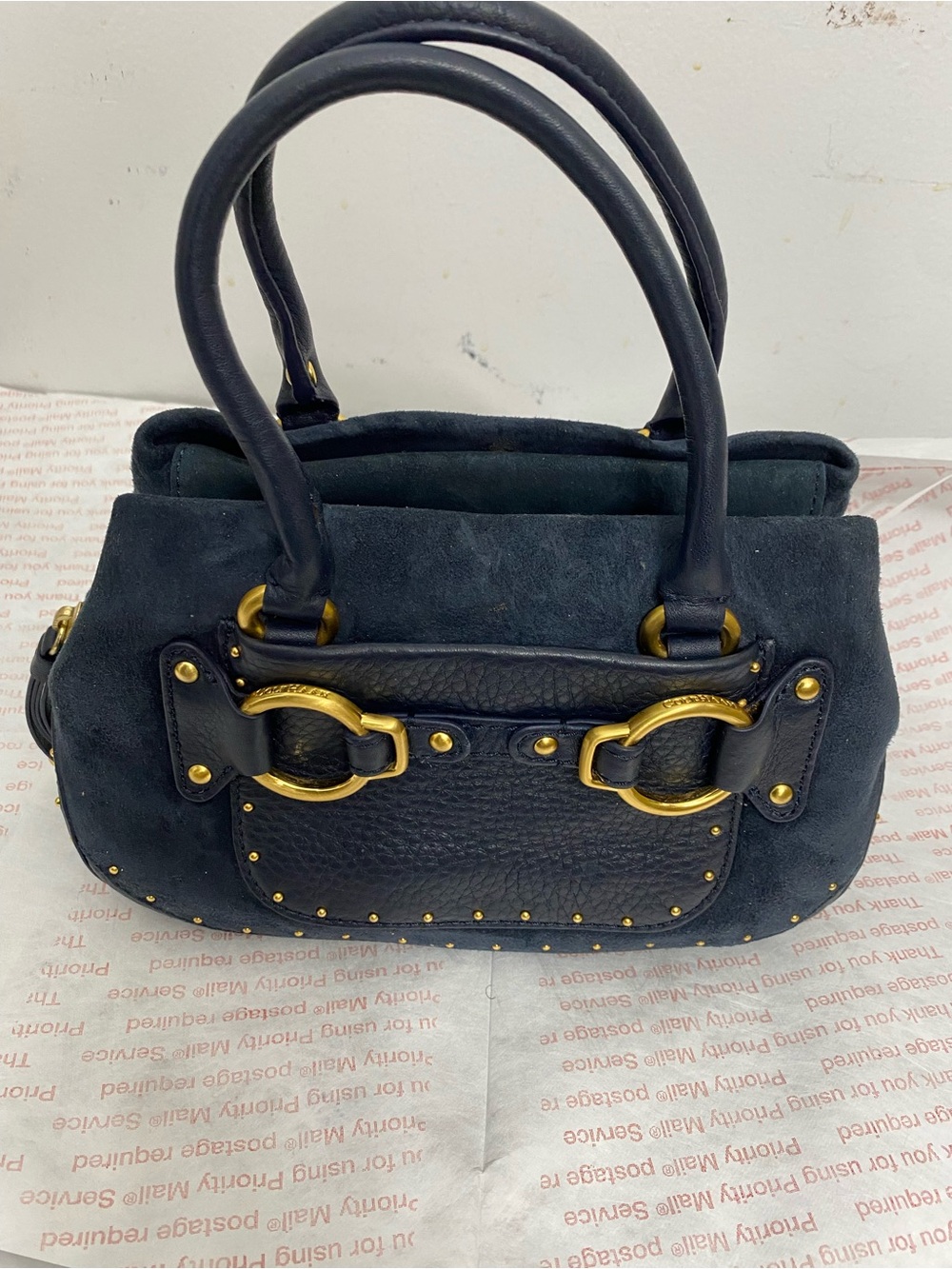 Cole Haan Suede and Leather Exterior Satchel Handbag with Gold Hardware. New